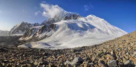 Scenic panorama of cold arid landscape in Tajikistan on sunny dayの写真素材