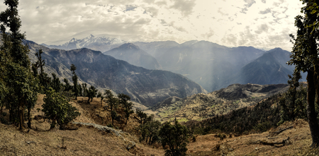 Scenic panorama of Kuari Pass in Himalayas, Indiaの写真素材