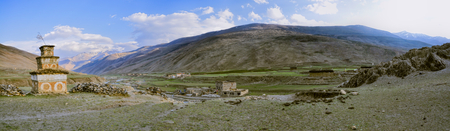 Scenic panorama of an old village in valley in Dolpo region in Nepalの写真素材