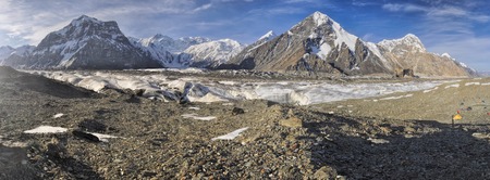 Scenic panorama of Engilchek glacier in picturesque Tian Shan mountain range in Kyrgyzstanの写真素材