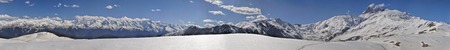 Scenic panorama of Caucasus mountains covered in snow, Svaneti, Georgiaの写真素材