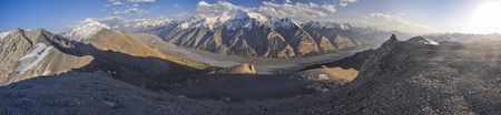 Scenic panorama of Engilchek glacier in picturesque Tian Shan mountain range in Kyrgyzstanの写真素材