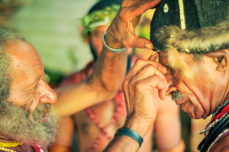 Wabag, Papua New Guinea - circa August 2015: Two old native men preparing for ceremony during traditional Enga cultural show in Wabag, Papua New Guinea. Documentary editorial.のeditorial素材