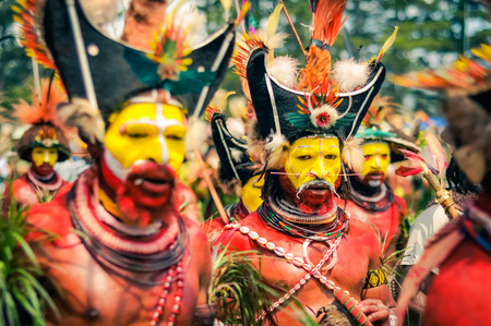 Hagen show, Papua New Guinea - circa August 2015: Half-naked man during Hagen show, Papua New Guinea. Documentary editorial.のeditorial素材