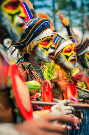 Hagen show, Papua New Guinea - circa August 2015: Native men during Hagen show, Papua New Guinea. Documentary editorial.のeditorial素材