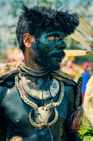 Hagen show, Papua New Guinea - circa August 2015: Native man during Hagen show, Papua New Guinea. Documentary editorial.のeditorial素材