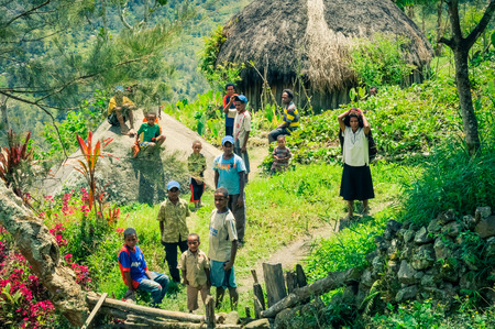 Dani circuit, Indonesia - September 2015: Native children stand near wooden house in beautiful greenery in beautiful region in Dani circuit near Wamena, Papua, Indonesia. Documentary editorial.のeditorial素材
