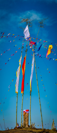 Photo of bamboo sticks with colourful cloth near Pathivara Devi Temple in Nepal.