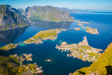 Scenic aerial view of countryside and sea from Mount Reinebringen on Lofoten islands in Norway.の写真素材
