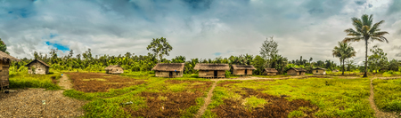 Village houses surrounded by greenery in Dekai, Papua, Indonesia. In this region, one can only meet people from isolated local tribes.の写真素材