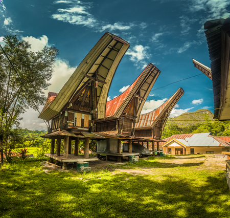Photo of tongkonans, traditional ancestral houses with carvings and colourful ornaments in Sangalla, Toraja region in Sulawesi, Indonesia.のeditorial素材