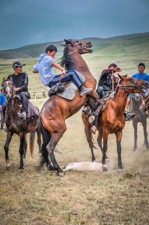 Karakol, Kyrgyzstan - circa July 2011: Frightened horse stands on its back legs during traditional game at Karakol festival in Kyrgyzstan. It was scared byt goat carcass. Documentary editorial.のeditorial素材