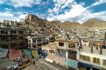 View of town Leh in Ladakh, India with the palace above the town and buddhist monastery in the background on the top of the hillsのeditorial素材