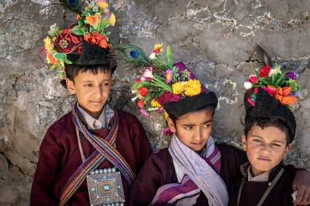Ladakh, India - August 29, 2018: Group of indigenous boys in Ladakh, India. Illustrative editorial.のeditorial素材
