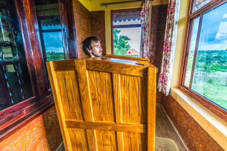 Young man is relaxing in Indian style sauna.のeditorial素材