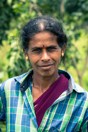 Karnataka, India - August 17, 2018: Portrait of native woman in Karnataka, India. Illustrative editorial.のeditorial素材