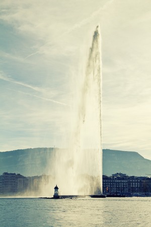 Fountain in Geneva with retro filter effect, Switzerland, Europeの写真素材
