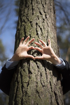 Woman shows love for nature by hugging a treeの写真素材