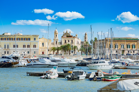View of a nice fishing harbor and marina in Trani, Puglia region, Italyの写真素材