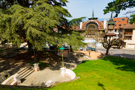 Historic art nouveau pump house of mineral water in Evian-les-Bains city in Franceの写真素材