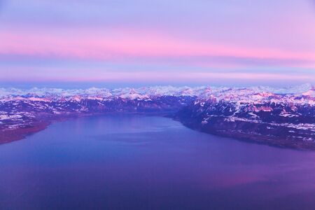 Aerial photography of Lake Geneva and Swiss Alps, Switzerlandの写真素材