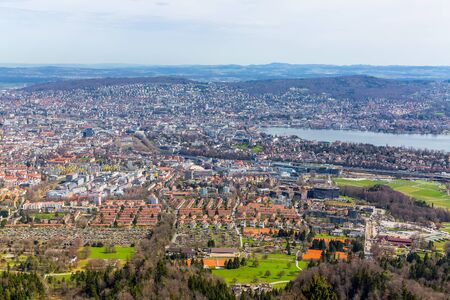 Panorama view of city of Zurich from the Uetliberg mountainの写真素材
