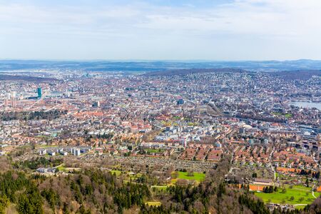 Panorama view of city of Zurich from the Uetliberg mountainの写真素材