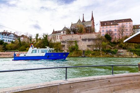 Photo taken from water taxi cable ferry crossing the Rhine in Basel, Switzerlandの写真素材