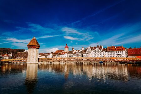 Kapellbrucke historic Chapel Bridge made by wood and waterfront landmarks in Lucernの写真素材