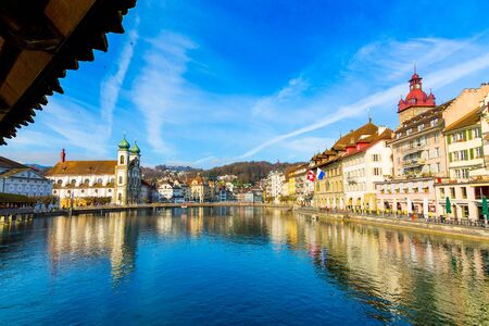 Old town buildings and bridge in Lucerne city, Switzerlandの写真素材