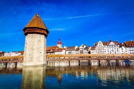 Kapellbrucke historic Chapel Bridge made by wood and waterfront landmarks in Lucerneの写真素材