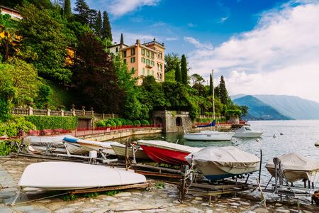Small boat marina on Lake Come, Varenna town in Italyの写真素材