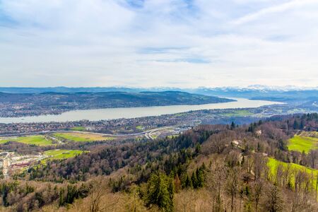 Panorama of Zurich city and lake from odservation tower on Uetliberg mountainの写真素材