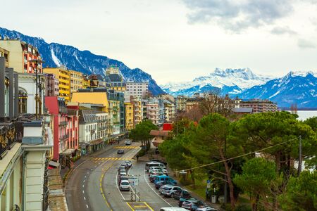 Montreux city panorama at winter time, Switzerlandの写真素材
