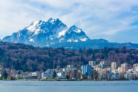 View of Pilatus Mountain from Lake Lucerne in Switzerlandの写真素材