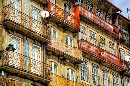 Beautiful historic colorful buildings in the old town of Ribeira in the city of Porto, Portugalの写真素材