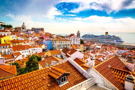 Alfama old town district viewed from Miradouro das Portas do Sol observation point in Lisbon, Portugalの写真素材