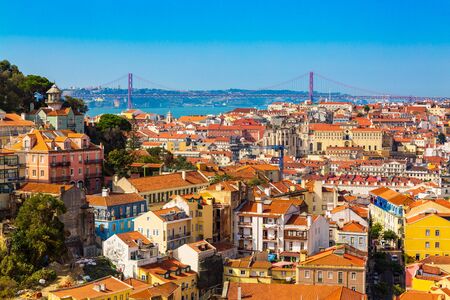 Panorama of Lisbon old town viewed from Miradouro da Graca observation point, Portugalの写真素材