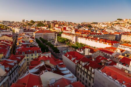King Pedro IV, Rossio Square seen from Santa Justa Lift in Lisbon, Portugalの写真素材