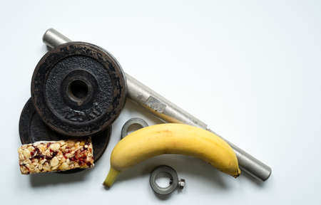 dumbbells for exercise, gym, athlete's diet, space for text, picture from aboveの写真素材