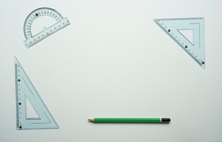 desk, white sheet, space for text, rectangle, design, green pencil, ruler, isolated, top photoの写真素材