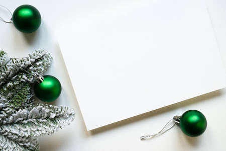 christmas card, space for text, christmas tree, christmas decorations, canvas texture, photo taken from aboveの写真素材