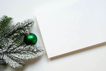 christmas card, space for text, christmas tree, christmas decorations, canvas texture, photo taken from aboveの写真素材