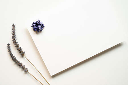 blank white invitation template, rectangle, decorative lavender, white background, canvas texture, photo taken from aboveの写真素材
