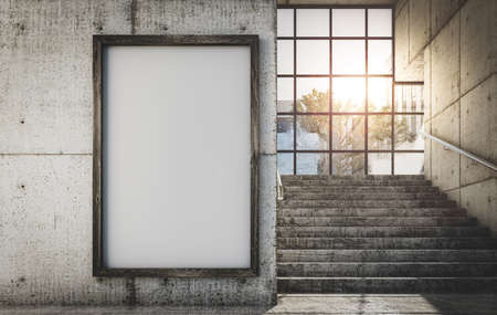 Poster template in a concrete industrial interior, office with stairs and a view of other buildings