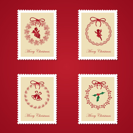 Set of colorful Christmas Postage stamps.Vector illustrationのイラスト素材