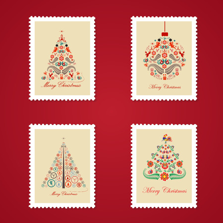 Set of colorful Christmas Postage stamps.Vector illustrationのイラスト素材