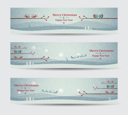 Merry Christmas banners set design with birds, vector illustrationのイラスト素材