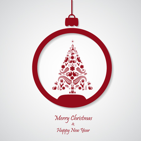 vector red christmas background with tree. cut paper design. xmas cardのイラスト素材