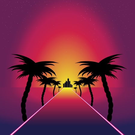 Retro synthwave retro design. Road to sunsetのイラスト素材
